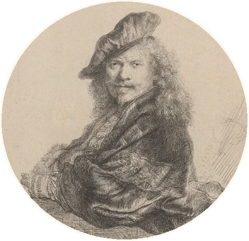 Rembrandt looking out of his own etching, leaning on a stone sill