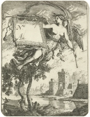 Fame, winged, blowing her trumpet over a river and a castle