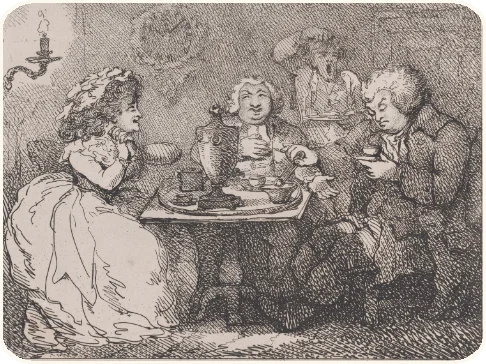 A group of friends drinking tea round a small table