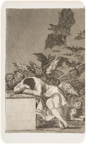 A man asleep at his desk while owls and bats crowd in behind him