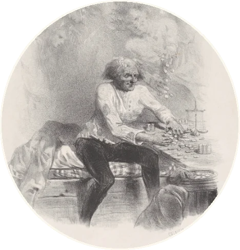 An old man sitting at a table weighing and counting his money