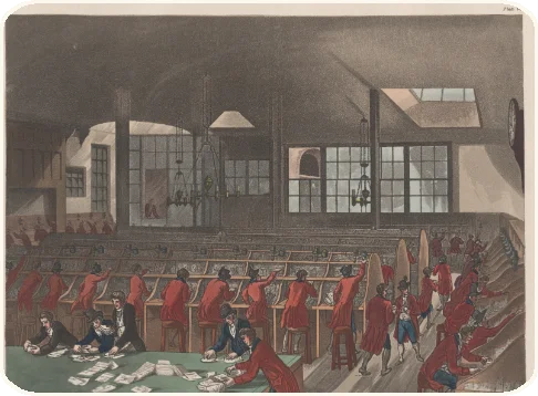 Clerks at long desks sorting letters in the London Post Office