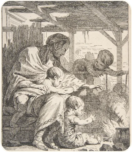 A family with small children crowding round a fire