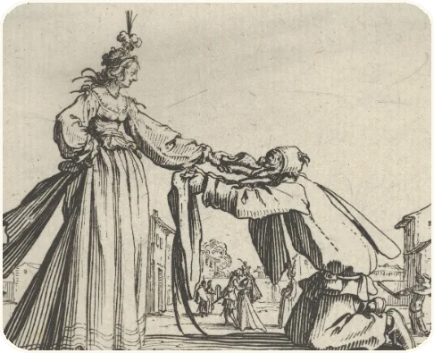 A woman in a great skirt and a kneeling suitor, dancing, from Callot's dance series