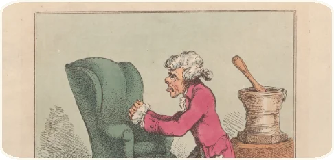 An apothecary on his knees before an armchair, a mortar beside him