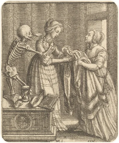 Death, as a skeleton, taking the hand of a bride