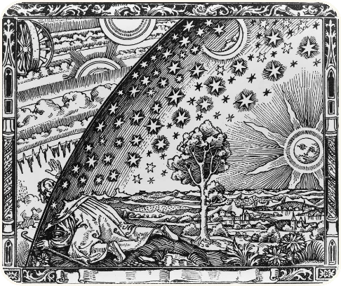 A traveller crawling on hands and knees under the edge of the sky to see the stars behind it