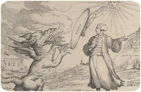 A dragon rearing up at a man in a long gown who holds a shield, with a sun-face behind