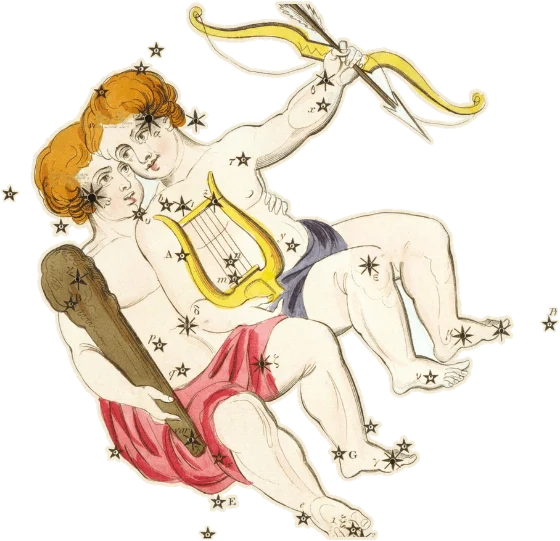 Gemini, the Twins, as drawn in Urania's Mirror, 1825
