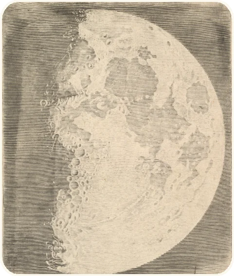 The Moon in its first quarter: the lit half of the disc, craters and seas, engraved by Claude Mellan
