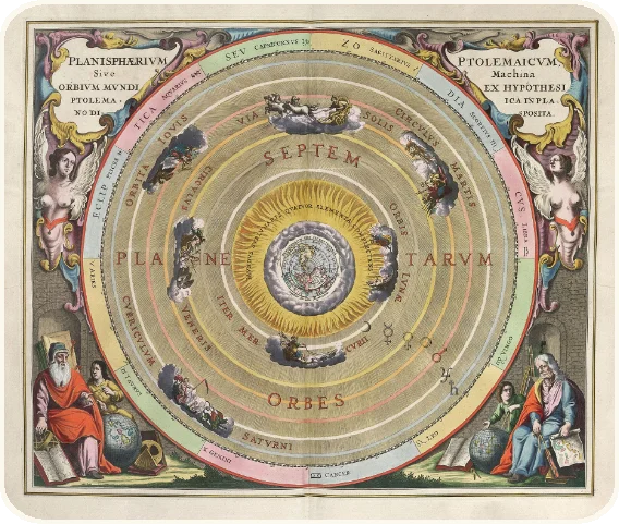 A hand-coloured chart of the planets' spheres around the Earth, with angels and astronomers in the corners