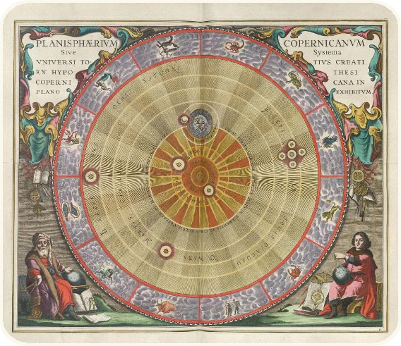 A hand-coloured chart of the planets circling the Sun, with the signs of the zodiac round the edge
