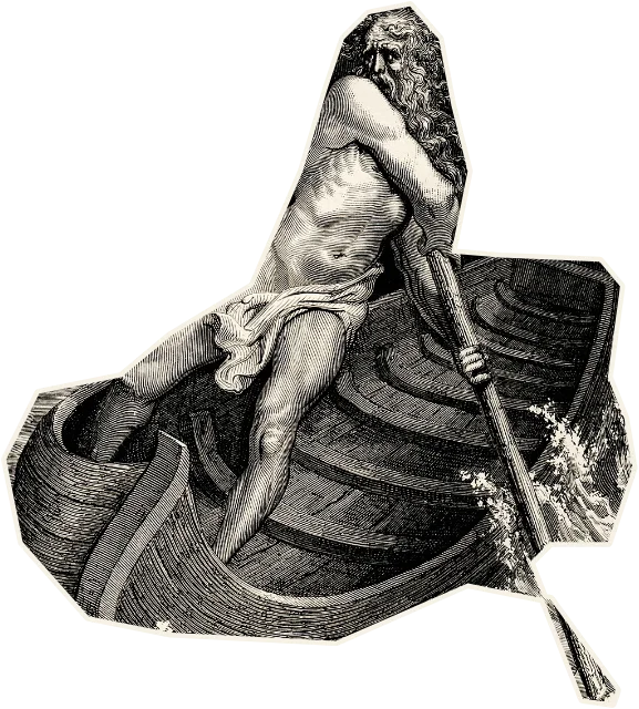 Charon the ferryman of the dead, standing over his boat with an oar raised