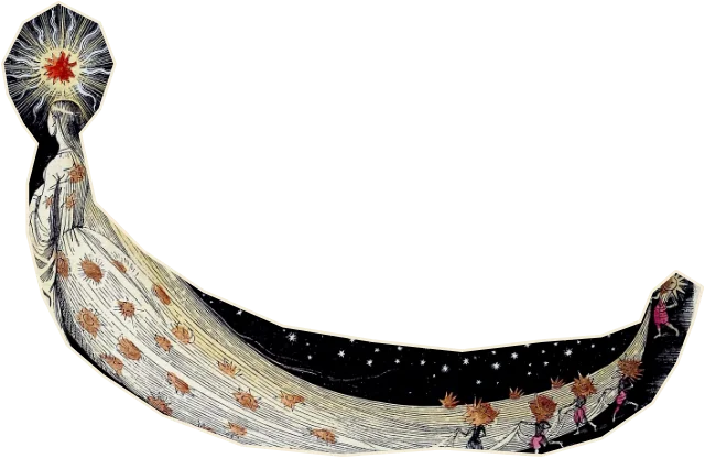 A woman on a comet's tail, flying through the sky, from Grandville's Un autre monde